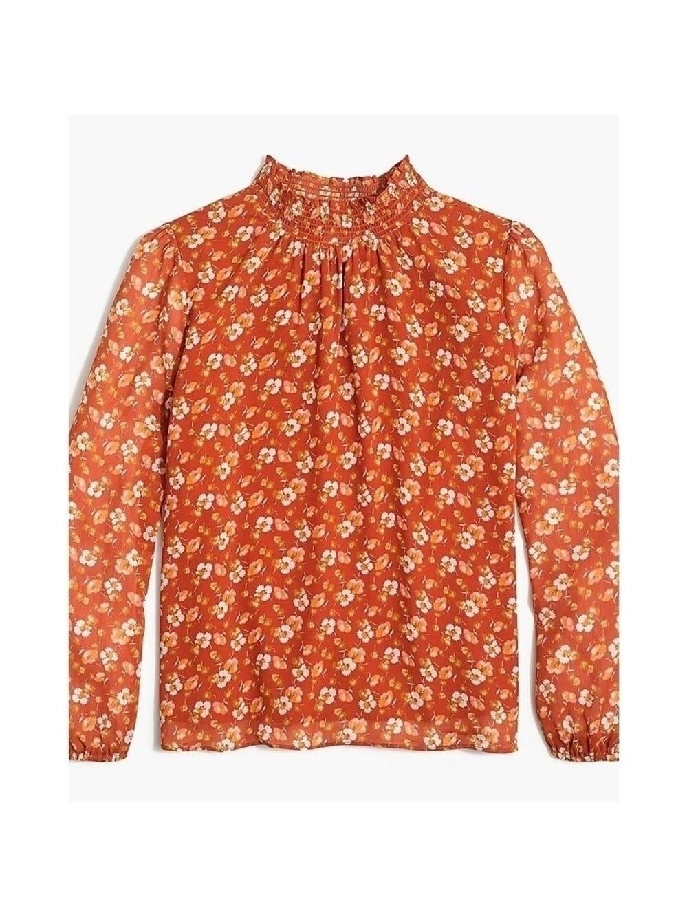 J. Crew Mock Neck Burnt Rust Orange Floral Long Sleeve Blouse in Size XL